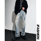 Men Jeans Retro Washed Distressed Loose Straight Hiphop Wide Leg Trousers